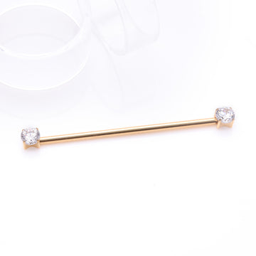 Detail View 1 of Implant Grade Titanium Gold PVD OneFit Threadless Prong Gem Sparkle Industrial Barbell-Clear Gem